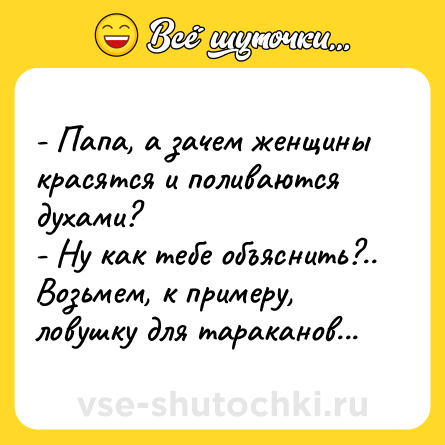 Шутка: - Папа, а зачем женщины красятся и поливаются духами?<br>- Ну как тебе объяснить?.. Возьмем, к примеру, ловушку для тараканов...