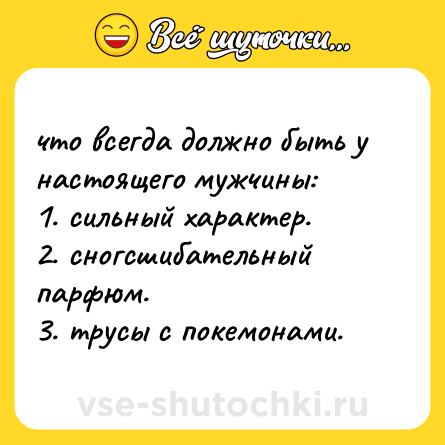 Шутка: что всегда должно быть у настоящего мужчины: <br>1. сильный характер. <br>2. сногсшибательный парфюм. <br>3. трусы с покемонами.