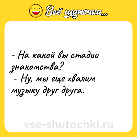 Шутка: - На какой вы стадии знакомства? <br> - Ну, мы еще хвалим музыку друг друга.