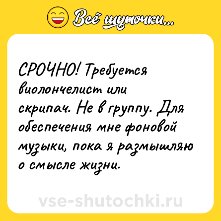 Шутка: СРОЧНО! Требуется виолончелист или скрипач. Не в группу. Для обеспечения мне фоновой музыки, пока я размышляю о смысле жизни.