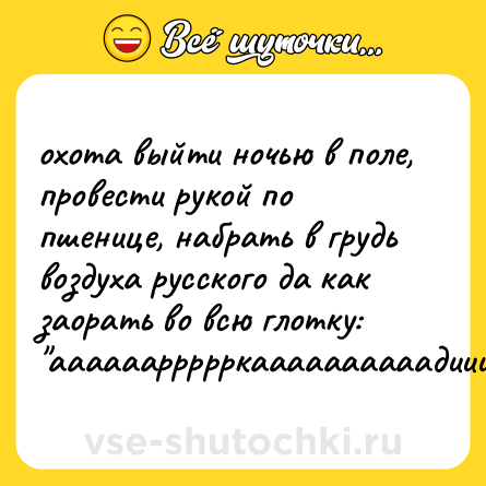 Шутка: охота выйти ночью в поле, провести рукой по пшенице, набрать в грудь воздуха русского да как заорать во всю глотку: 
