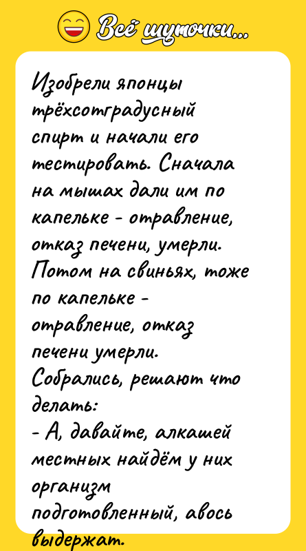 Изобрели японцы трёхсотградусный спирт и начали его тестировать. Сначала на