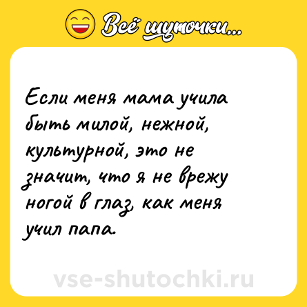 Шутка: Если меня мама учила быть милой, нежной, культурной, это не значит, что я не врежу ногой в глаз, как меня учил папа.