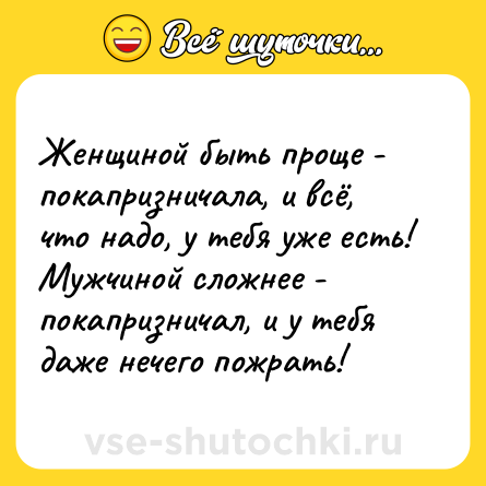 Шутка: Женщиной быть проще - покапризничала, и всё, что надо, у тебя уже есть! Мужчиной сложнее - покапризничал, и у тебя даже нечего пожрать!
