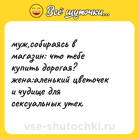 Шутка: муж,собираясь в магазин: что тебе купить дорогая?<br>жена:аленький цветочек и чудище для сексуальных утех.