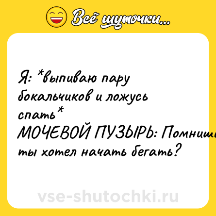 Шутка: Я: *выпиваю пару бокальчиков и ложусь спать*<br>МОЧЕВОЙ ПУЗЫРЬ: Помнишь ты хотел начать бегать?