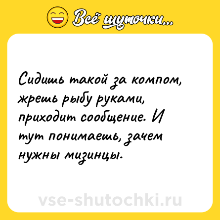 Шутка: Сидишь такой за компом, жрешь рыбу руками, приходит сообщение. И тут понимаешь, зачем нужны мизинцы.
