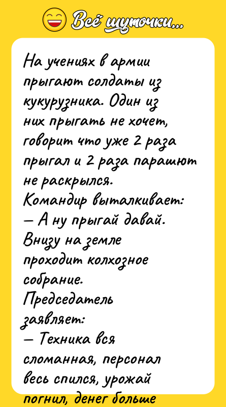 На учениях в армии прыгают солдаты из кукурузника. Один из