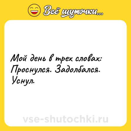 Шутка: Мой день в трех словах: <br>Проснулся. Задолбался. Уснул.