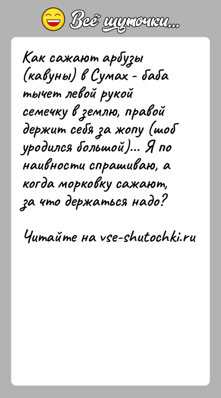 История: Как сажают арбузы (кавуны) в Сумах - баба тычет левой рукой семечку в землю, правой держит себя за жопу (шоб