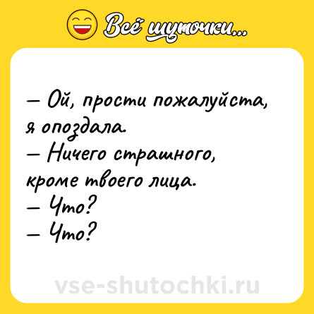 Шутка: — Ой, прости пожалуйста, я опоздала.<br>— Ничего страшного, кроме твоего лица.<br>— Что?<br>— Что?