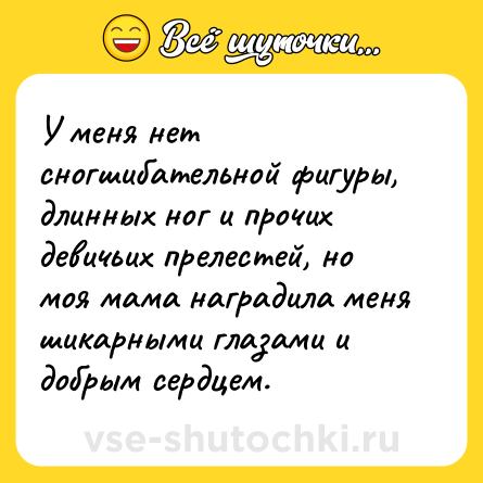 Шутка: У меня нет сногшибательной фигуры, длинных ног и прочих девичьих прелестей, но моя мама наградила меня шикарными глазами и добрым сердцем.