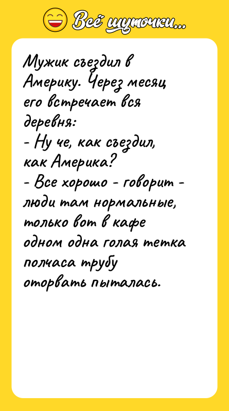 Мужик съездил в Америку. Через месяц его встречает вся деревня: