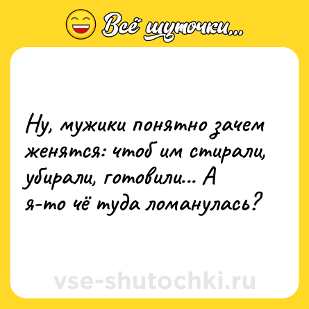 Шутка: Ну, мужики понятно зачем женятся: чтоб им стирали, убирали, готовили... А я-то чё туда ломанулась?