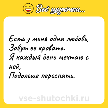 Шутка: Есть у меня одна любовь,<br>Зовут ее кровать.<br>Я каждый день мечтаю с ней,<br>Подольше переспать.