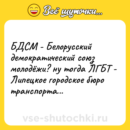 Шутка: БДСМ - Белорусский демократический союз молодёжи? ну тогда ЛГБТ - Липецкое городское бюро транспорта...