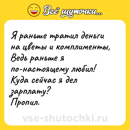Шутка: Я раньше тратил деньги на цветы и комплименты,<br>Ведь раньше я по-настоящему любил!<br>Куда сейчас я дел зарплату?<br>Пропил.