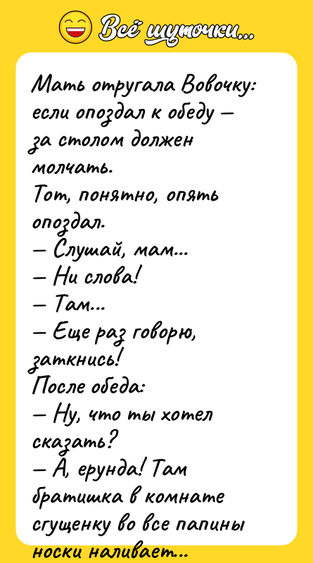 Мать отругала Вовочку: если опоздал к обеду за столом