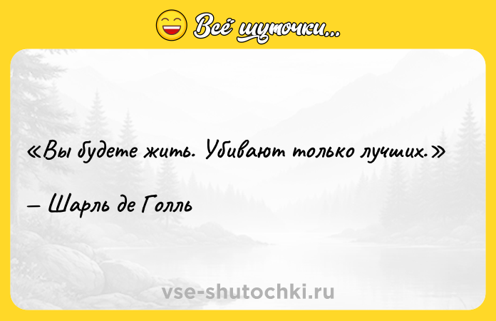 Цитата: Вы будете жить. Убивают только лучших.Шарль де Голль