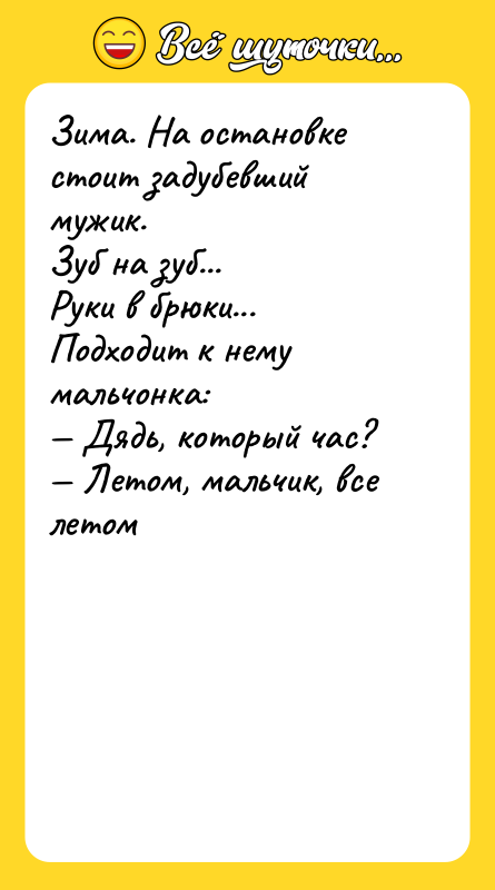 Зима. На остановке стоит задубевший мужик. Зуб на зуб... Руки