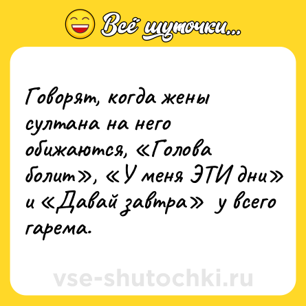 Шутка: Говорят, когда жены султана на него обижаются, «Голова болит», «У меня ЭТИ дни» и «Давай завтра»  у всего гарема.