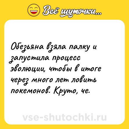 Шутка: Обезьяна взяла палку и запустила процесс эволюции, чтобы в итоге через много лет ловить покемонов. Круто, че.