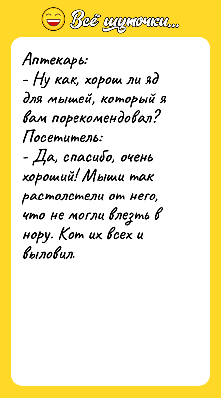 Аптекарь: - Ну как, хорош ли яд для мышей, который