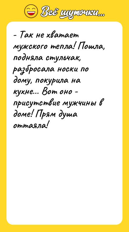 - Так не хватает мужского тепла! Пошла, подняла стульчак, разбросала