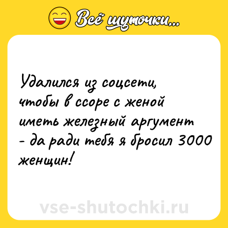 Шутка: Удалился из соцсети, чтобы в ссоре с женой иметь железный аргумент - да ради тебя я бросил 3000 женщин!