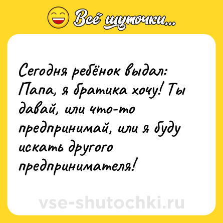 Шутка: Сегодня ребёнок выдал:<br>Папа, я братика хочу! Ты давай, или что-то предпринимай, или я буду искать другого предпринимателя!