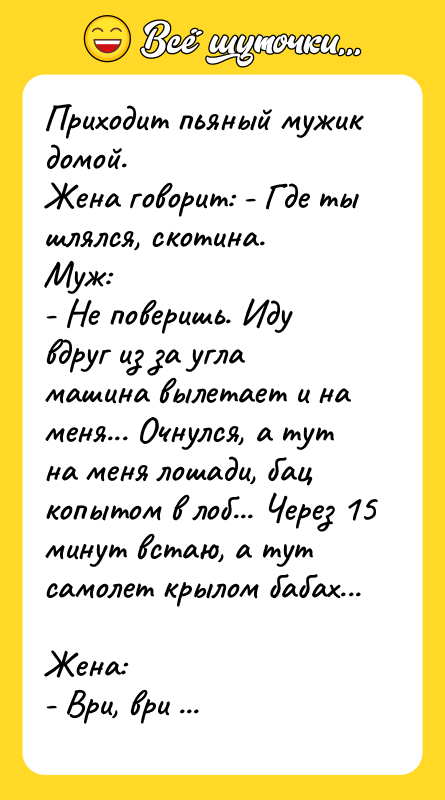 Приходит пьяный мужик домой. Жена говорит: - Где ты