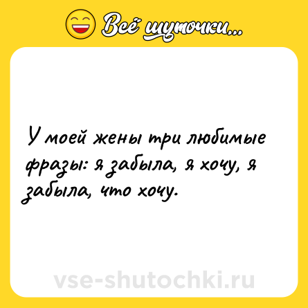Шутка: У моей жены три любимые фразы: я забыла, я хочу, я забыла, что хочу.