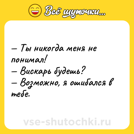 Шутка: — Ты никогда меня не понимал!<br>— Вискарь будешь?<br>— Возможно, я ошибался в тебе.