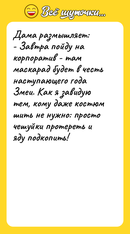 Дама размышляет: - Завтра пойду на корпоратив - там маскарад