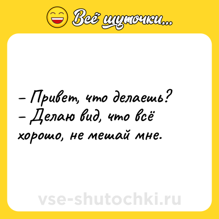 Шутка: – Привет, что делаешь? <br>– Делаю вид, что всё хорошо, не мешай мне.