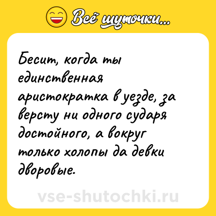 Шутка: Бесит, когда ты единственная аристократка в уезде, за версту ни одного сударя достойного, а вокруг только холопы да девки дворовые.