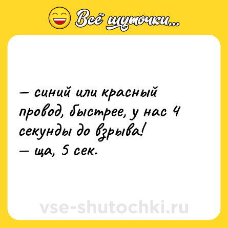 Шутка: — синий или красный провод, быстрее, у нас 4 секунды до взрыва! <br>— ща, 5 сек.