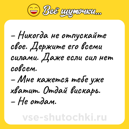 Шутка: – Никогда не отпускайте свое. Держите его всеми силами. Даже если сил нет совсем.<br>– Мне кажется тебе уже хватит. Отдай вискарь.<br>– Не отдам.