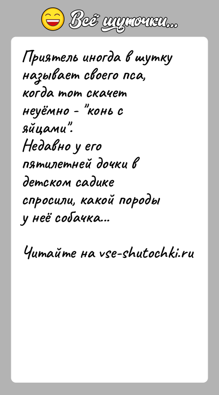 История: Приятель иногда в шутку называет своего пса, когда тот скачет неуёмно - конь с яйцами .Недавно у его пятилетней дочки в