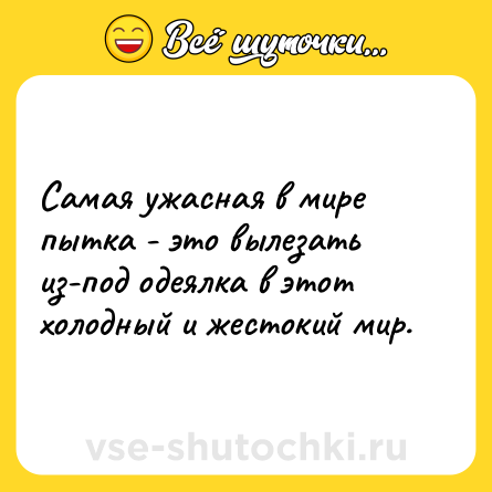 Шутка: Самая ужасная в мире пытка - это вылезать из-под одеялка в этот холодный и жестокий мир.