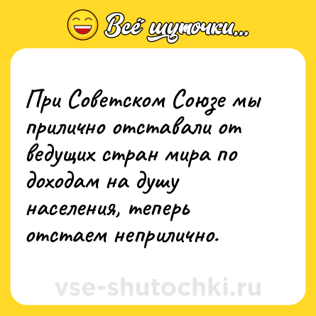 Шутка: При Советском Союзе мы прилично отставали от ведущих стран мира по доходам на душу населения, теперь отстаем неприлично.