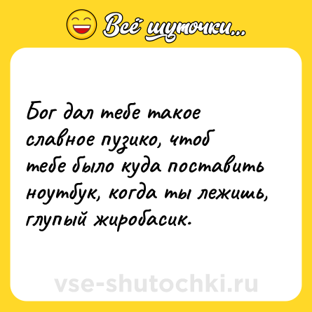 Шутка: Бог дал тебе такое славное пузико, чтоб тебе было куда поставить ноутбук, когда ты лежишь, глупый жиробасик.