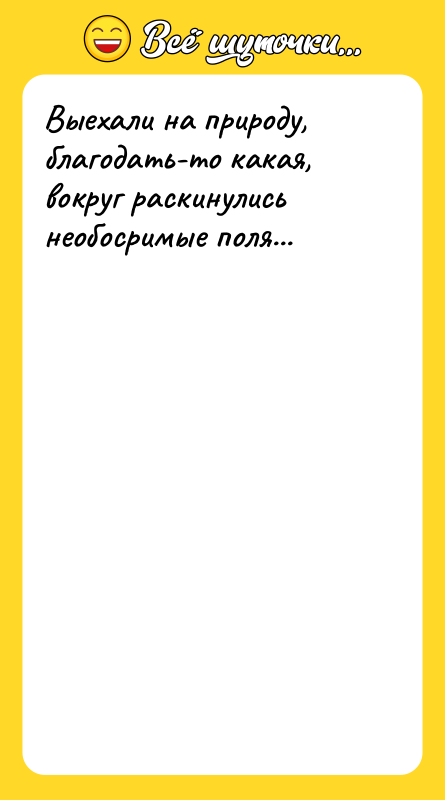 Выехали на природу, благодать-то какая, вокруг раскинyлись необосpимые поля...