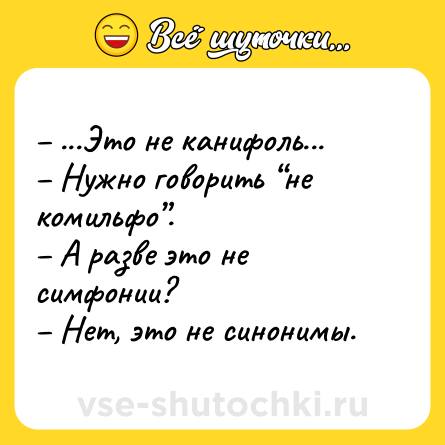 Шутка: – ...Это не канифоль...<br>– Нужно говорить “не комильфо”.<br>– А разве это не симфонии?<br>– Нет, это не синонимы.