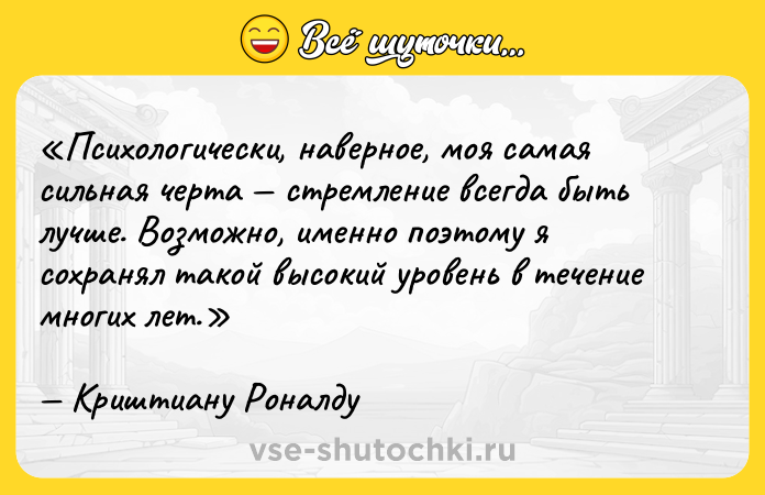 Цитата: Психологически, наверное, моя самая сильная черта стремление всегда быть лучше. Возможно, именно поэтому я сохранял такой высокий уровень в течение многих лет.Криштиану Роналду