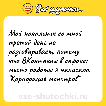 Шутка: Мой начальник со мной третий день не разговаривает, потому что ВКонтакте в строке: место работы я написала 