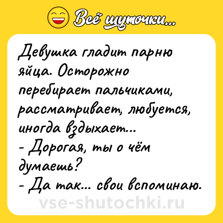 Шутка: Девушка гладит парню яйца. Осторожно перебирает пальчиками, рассматривает, любуется, иногда вздыхает...<br>- Дорогая, ты о чём думаешь?<br>- Да так... свои вспоминаю.