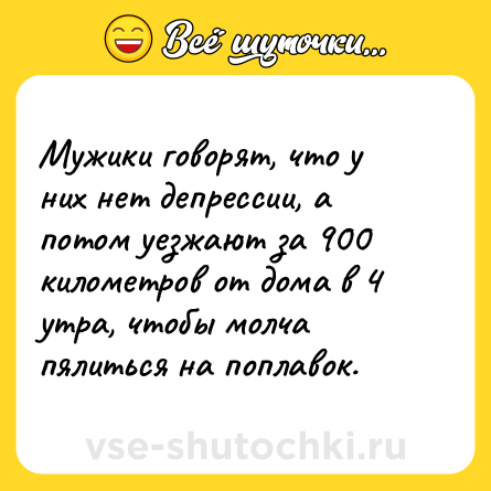 Шутка: Мужики говорят, что у них нет депрессии, а потом уезжают за 900 километров от дома в 4 утра, чтобы молча пялиться на поплавок.