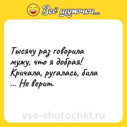 Шутка: Тысячу раз говорила мужу, что я добрая! Кричала, ругалась, била … Не верит.