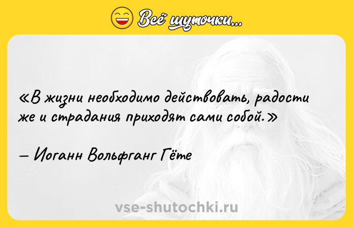 Цитата: В жизни необходимо действовать, радости же и страдания приходят сами собой.Иоганн Вольфганг Гёте